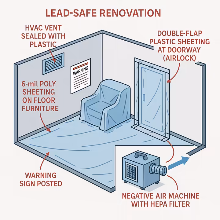 A technical diagram of a room properly contained for lead-safe renovation, showing plastic sheeting, sealed vents, and an airlock entry.