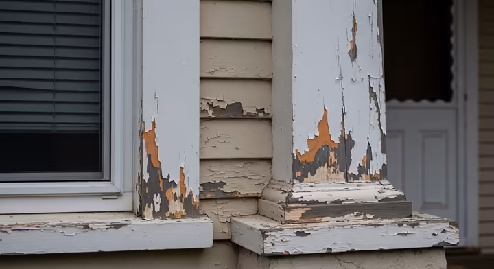 An older two-story home showing signs of peeling paint on the window frames and siding, indicating a potential lead paint hazard.