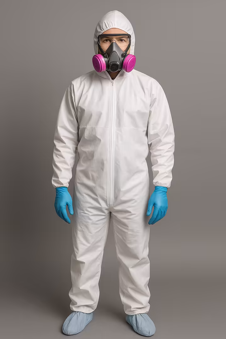 A person wearing the complete set of PPE for lead safety: respirator with P100 filters, goggles, coveralls, and gloves.