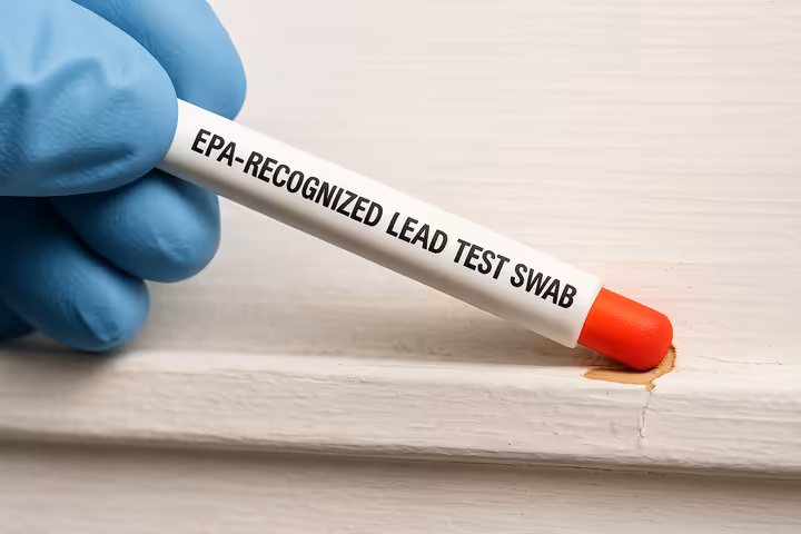 A gloved hand holding a lead test swab showing a bright red positive result against a piece of painted wood trim.