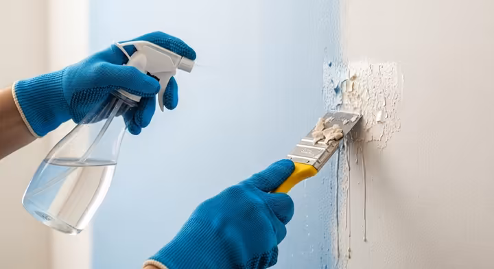 A person in gloves using a spray bottle to wet a painted surface before carefully scraping it with a paint scraper.