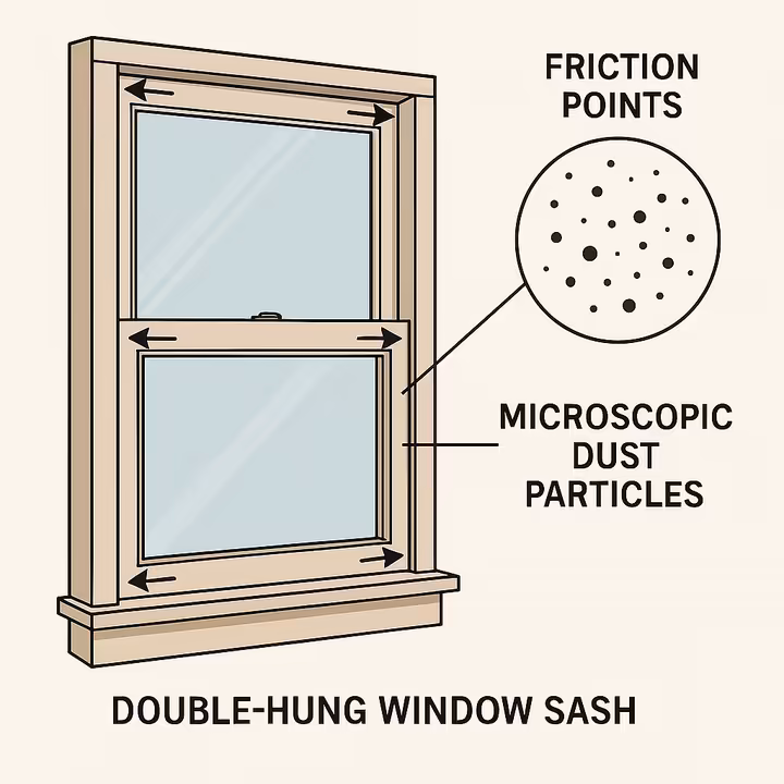 A close-up diagram showing how friction from opening and closing an old wooden window creates invisible lead dust in the window well.