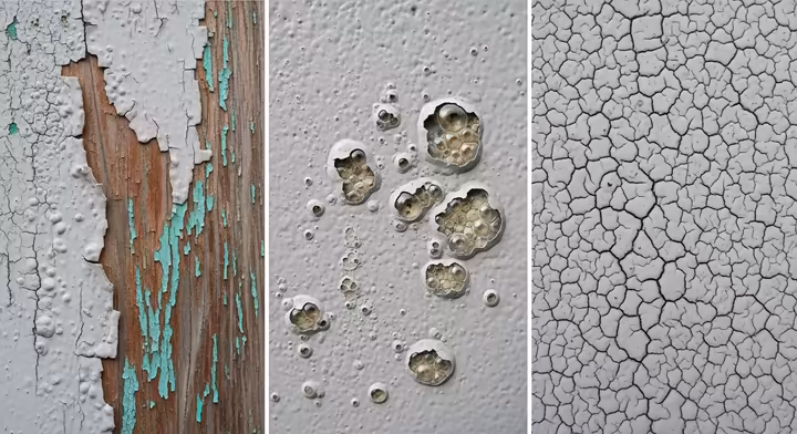 A composite image showing close-ups of peeling paint, blistering paint bubbles, and alligatoring cracks on a wall.